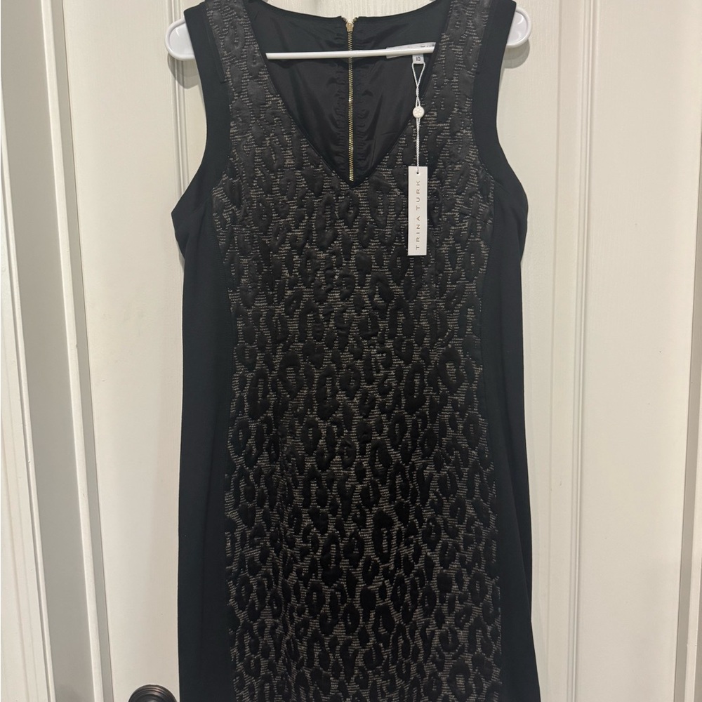 Trina Turk Black Leopard Dress with Black Panels and Gold Zipper